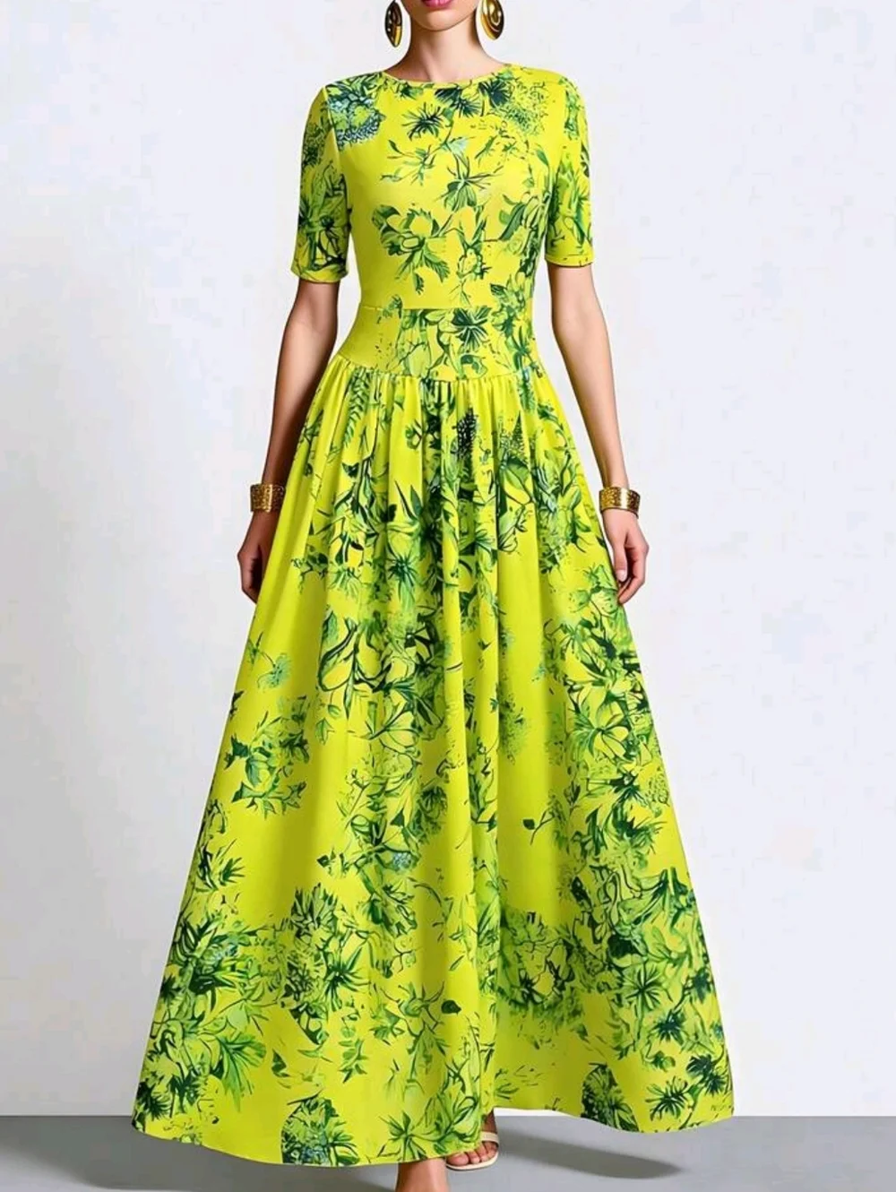 Elegant Lime Green Floral Bohemian Style Dress For Women, Spring/Summer - Picture 6 of 6